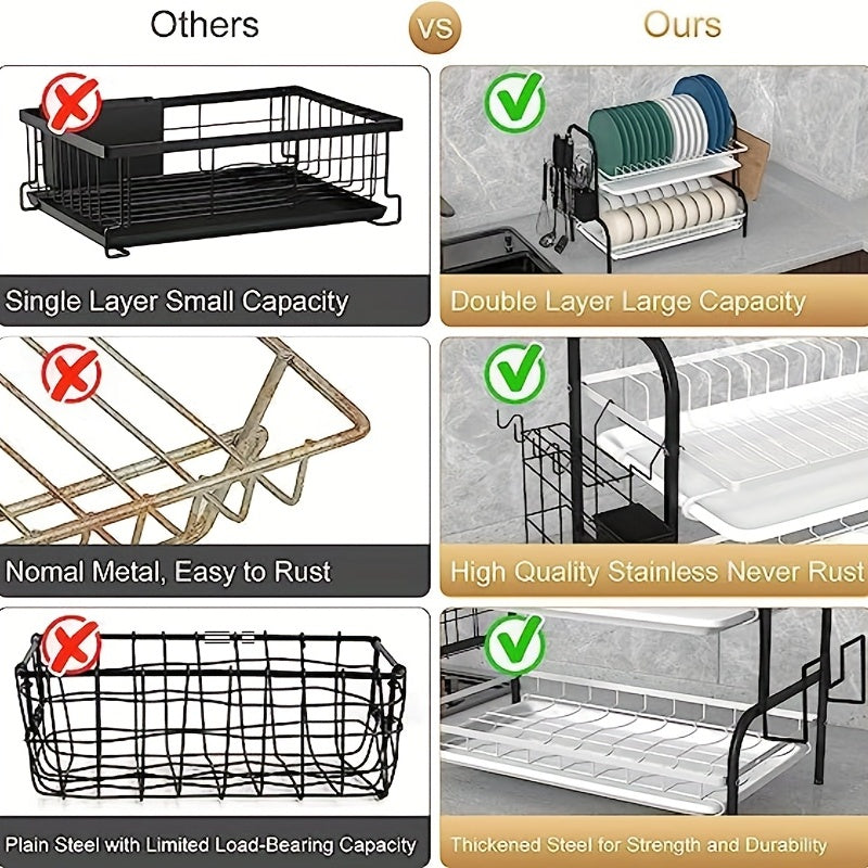 2 Tier Dish Drying Rack with Drain Board Hooks for Countertops