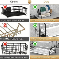 2 Tier Dish Drying Rack with Drain Board Hooks for Countertops