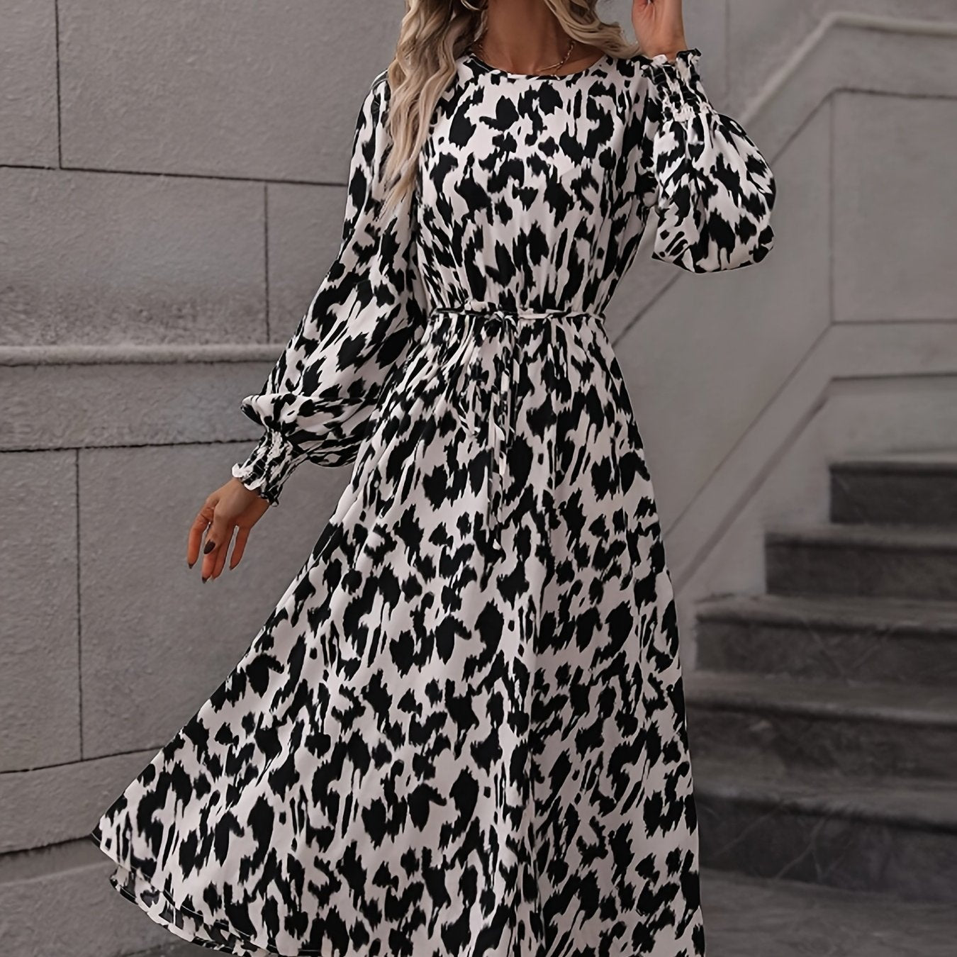 Leopard Print Crew Neck Dress Long Sleeve Dress