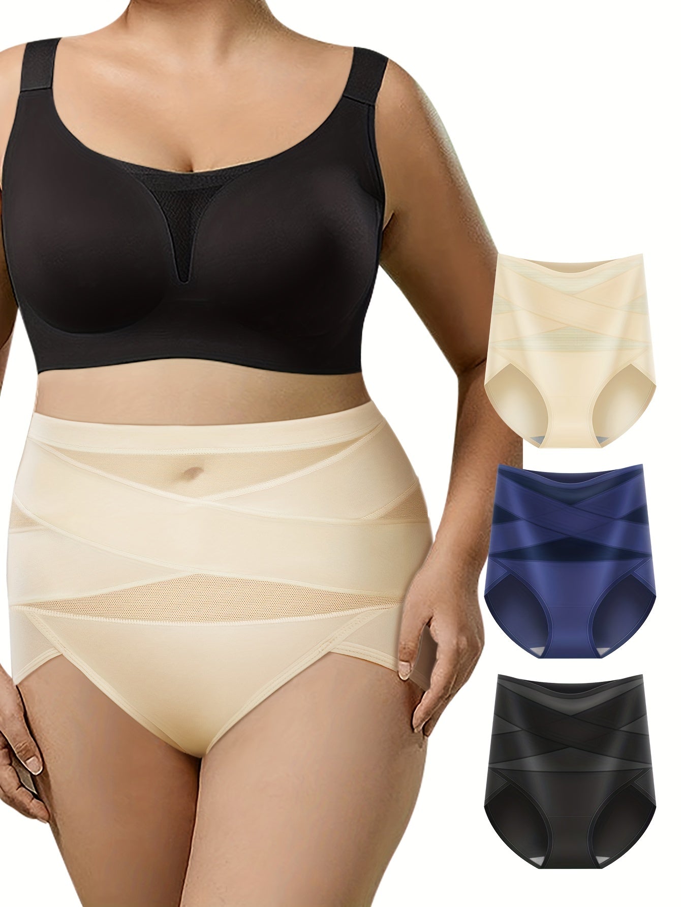 3 Pk Women's Plus Size Colorblock Print Panties Set Tummy Control