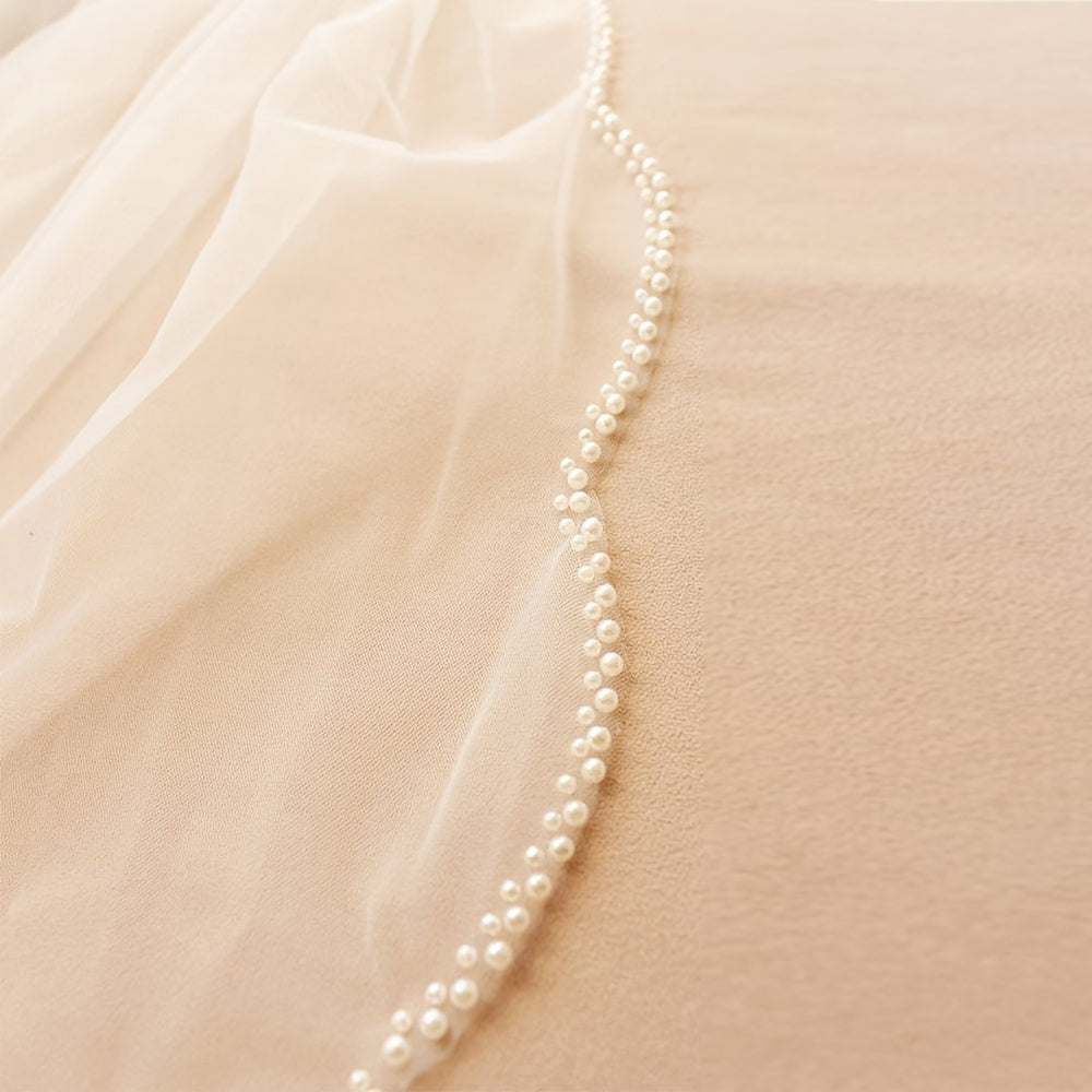 Hand Beaded Bridal Veil with Pearls Wedding Veil Fingertip Length
