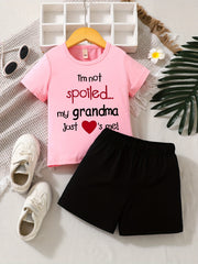 2pcs Girls Clothes Grandma Loves Me Graphic T Shirt Top & Shorts Set
