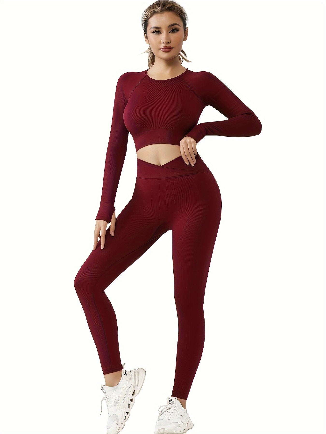 Sports Yoga Suit Round Neck Long Sleeves & Hip Lifting Leggings Set