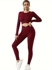Sports Yoga Suit Round Neck Long Sleeves & Hip Lifting Leggings Set