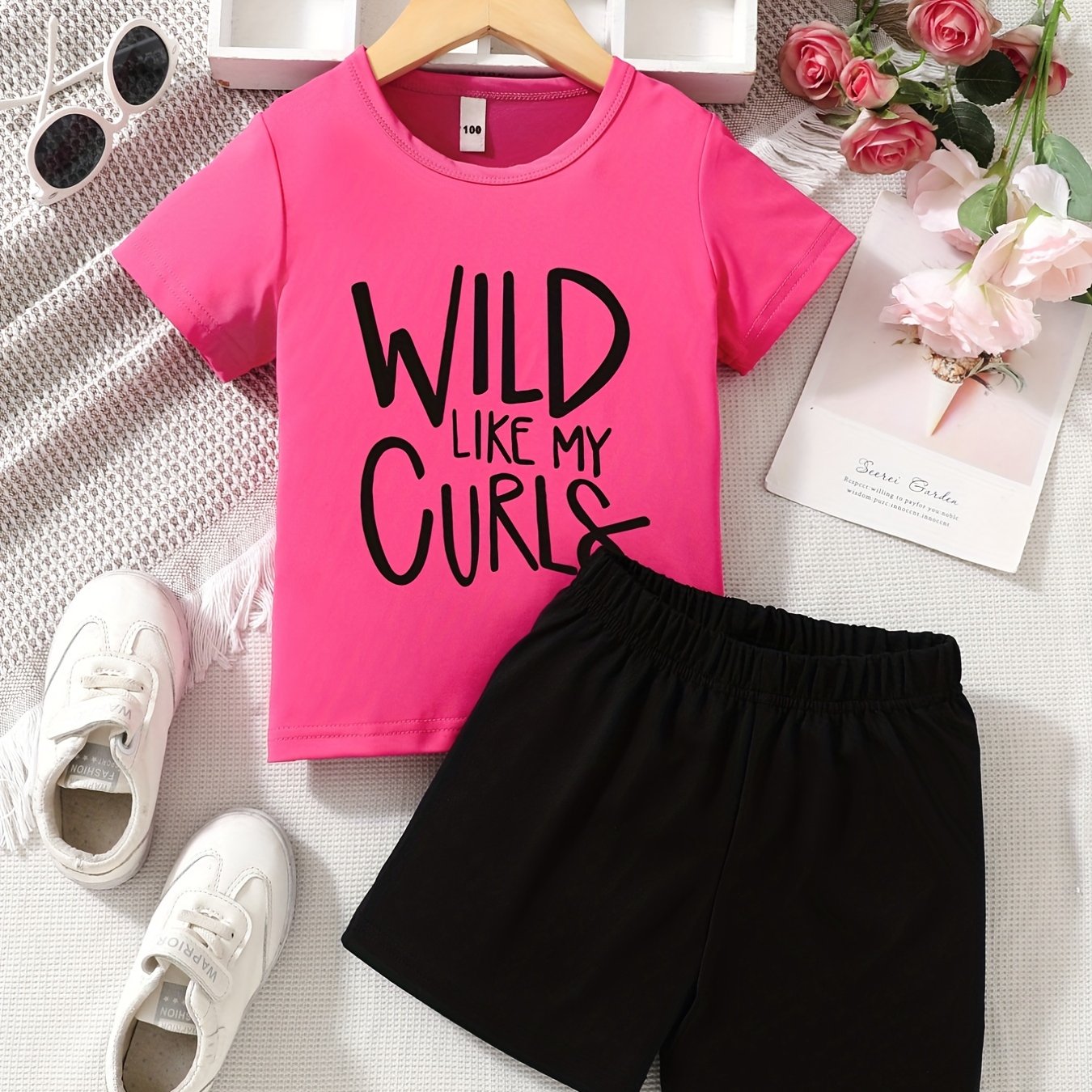 2pcs Girls 'Wild Like My Curls' Tee Elastic Shorts Outfit