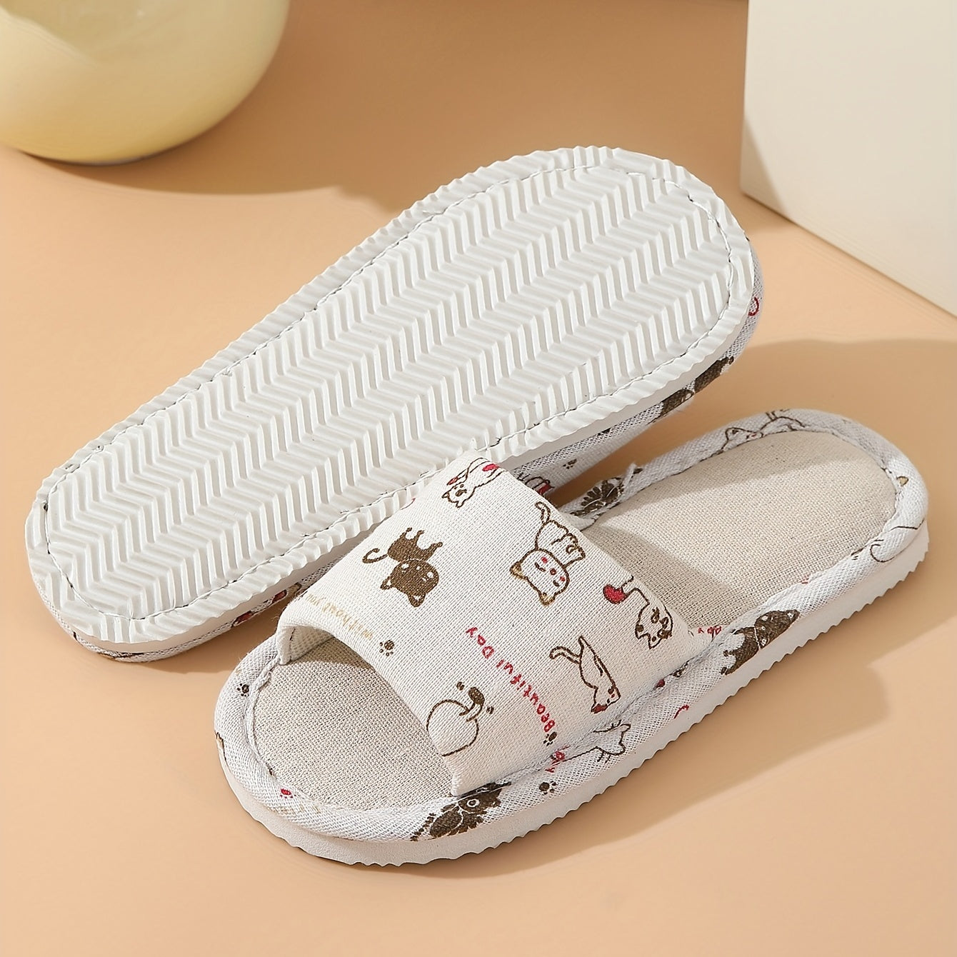 Cat Print Flat Slippers Open Toe Lightweight Casual Slides Shoes