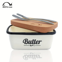 Enamel Butter Dish with Lid & 2 Steel Knives