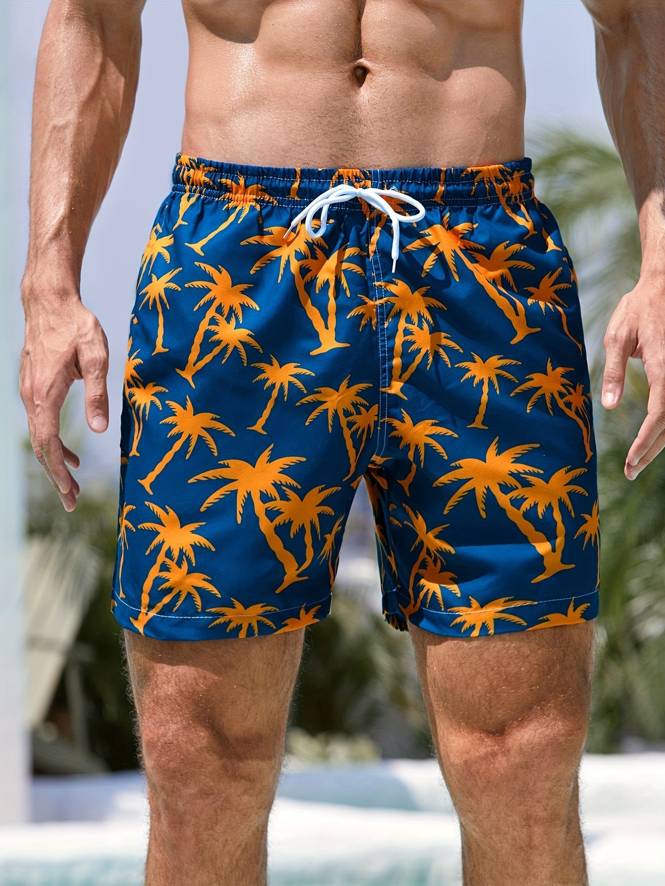 Men's Coconut Tree Beach Shorts Quick Drying Drawstring Sports Shorts