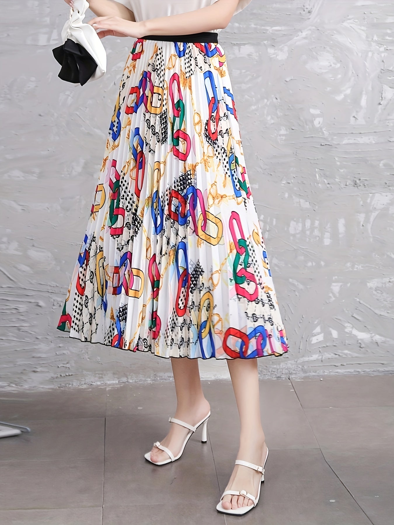 Scarf Print Elastic Pleated Maxi Skirt