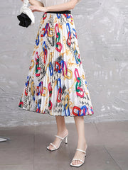 Scarf Print Elastic Pleated Maxi Skirt