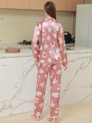 Heart & Flamingo Print Pajama Set Long Sleeve Top & Pants Women's Sleepwear