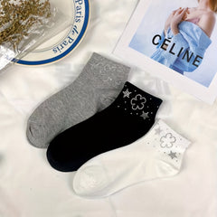 5-Pair Floral Rhinestone Crew Socks - Breathable Stockings & Hosiery