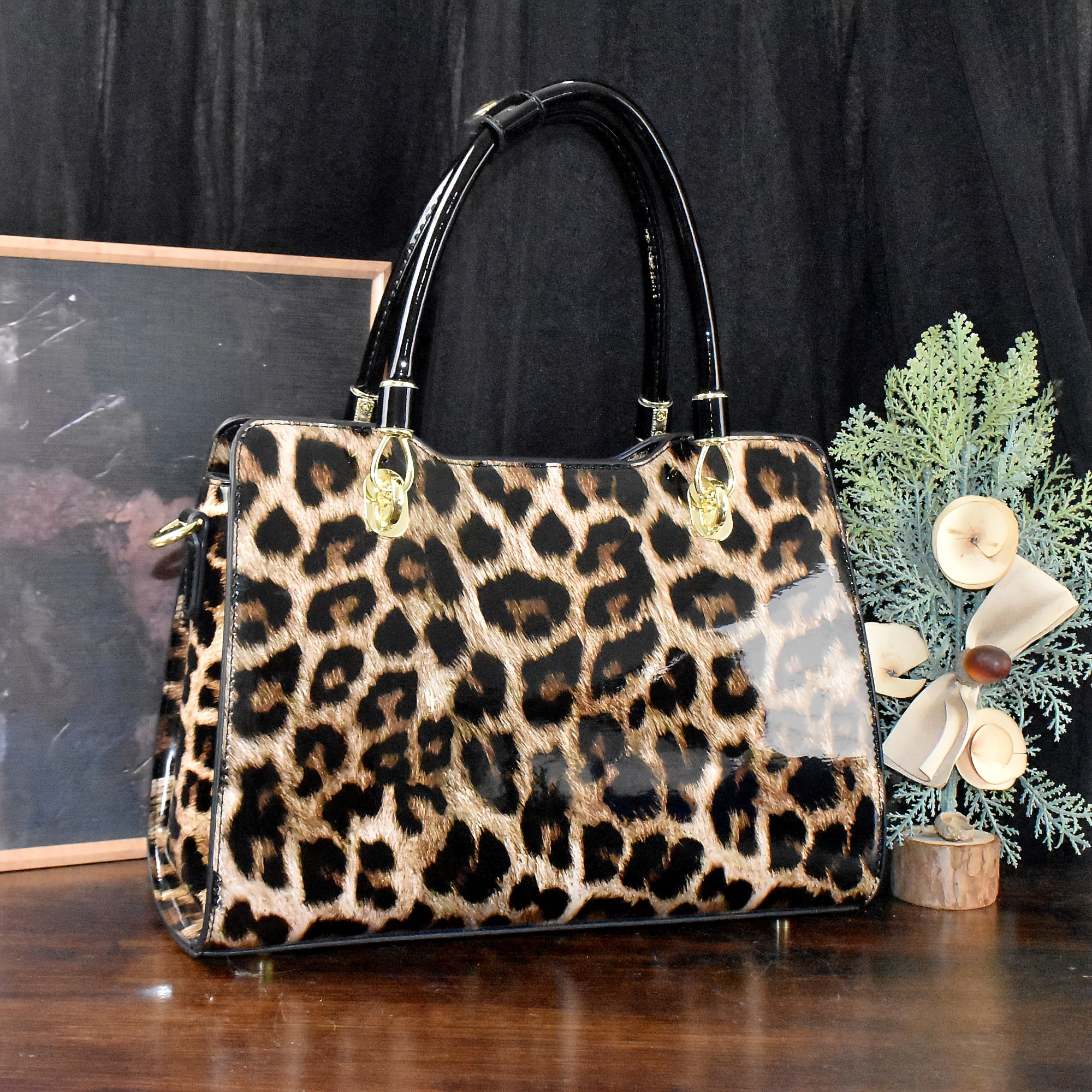 Leopard Print Tote Bag with Removable Strap Zipper Closure Polyester Lining