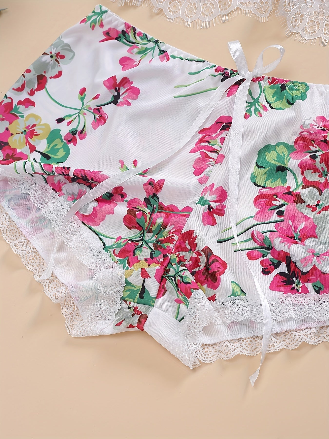 Contrast Lace Floral Print Push Up Lingerie Set Women's Plus