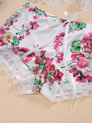 Contrast Lace Floral Print Push Up Lingerie Set Women's Plus