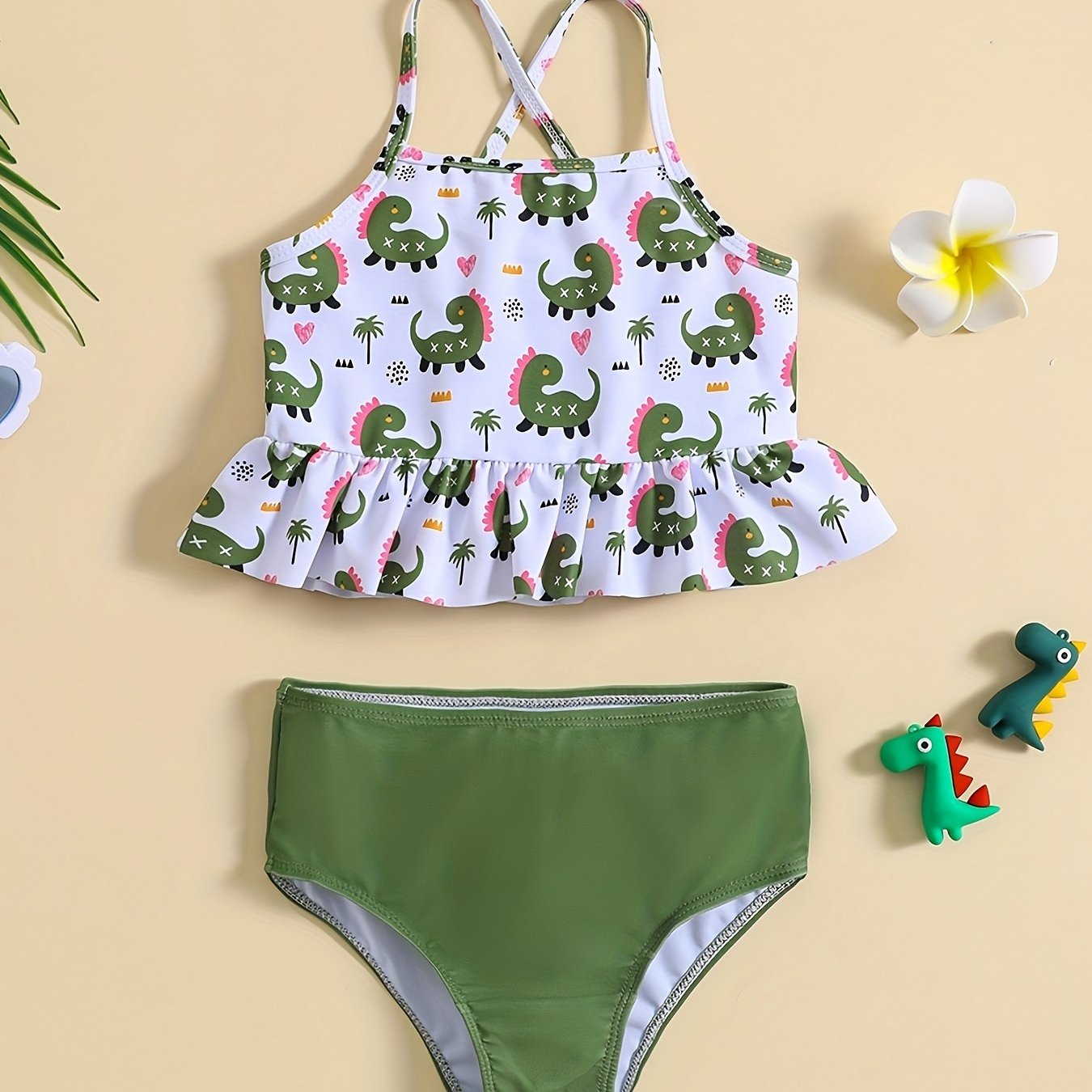 2pcs Toddler Girls Dino Print Cami Top Swimsuit Set