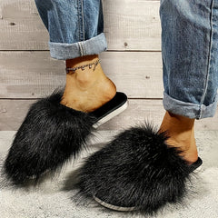 Women's Cozy Fluffy Slippers Warm Plush Flat Slip On Shoes