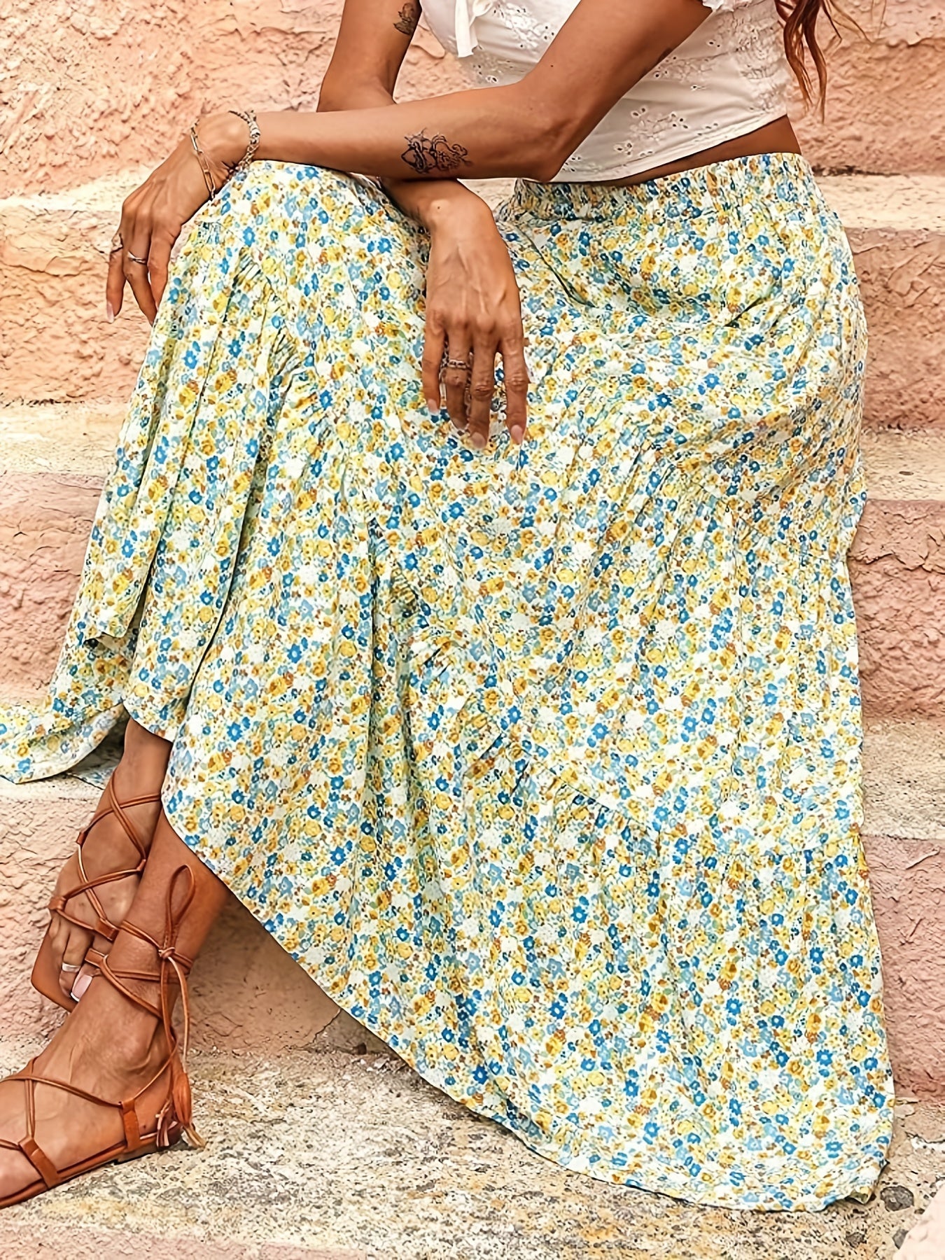 Boho Ditsy Floral Print High Rise Skirt