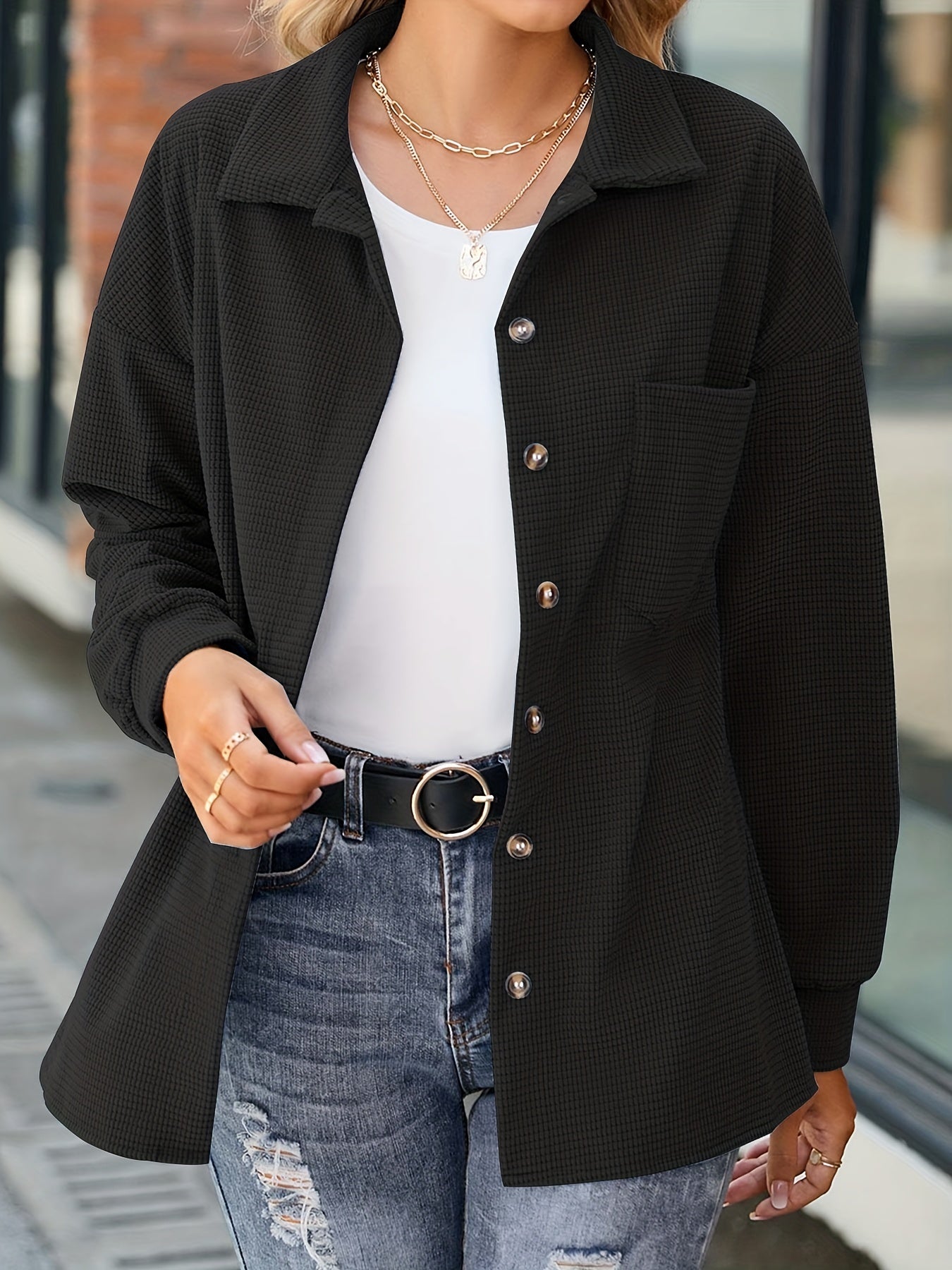 Solid Button Front Jacket Casual Long Sleeve Jacket For Women