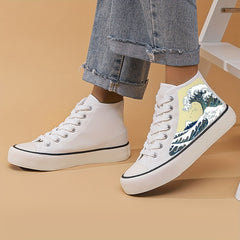 Women's Wave Graphic High Top Canvas Shoes Lace Up Casual Sneakers