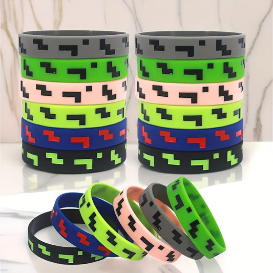 12pcs Pixel Theme Silicone Wristbands Printed Gaming Themed Silicone Bracelets