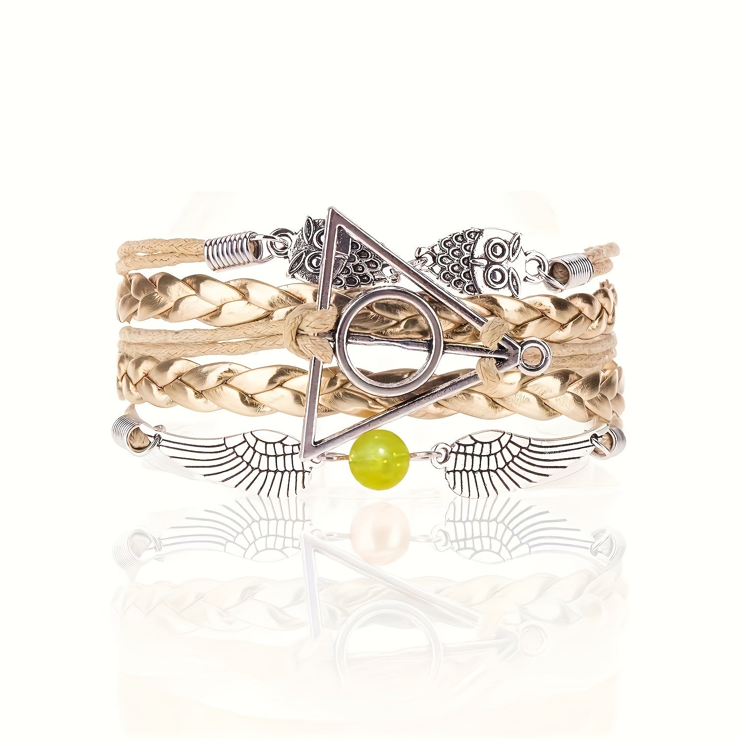 2pcs Owl Triangle Bracelets Antique Silvery Bronze Owls Wings Golden Bead Charm