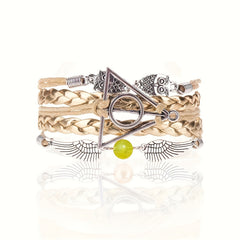 2pcs Owl Triangle Bracelets Antique Silvery Bronze Owls Wings Golden Bead Charm