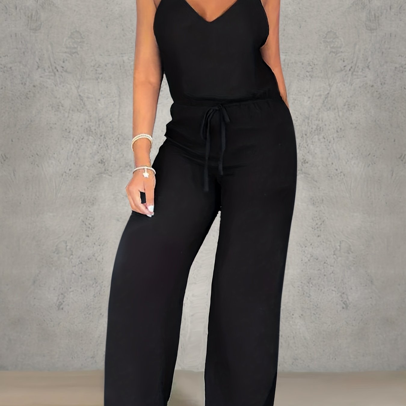 Wide Leg Tank Jumpsuit V Neck Drawstring Waist
