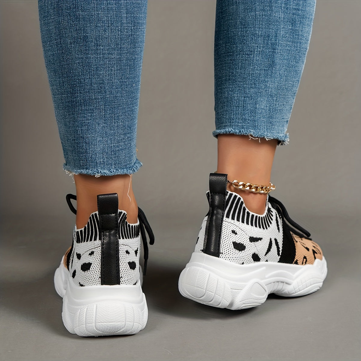 Leopard Print Platform Sneakers Knit Lace Up Outdoor Shoes