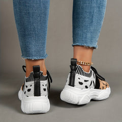 Leopard Print Platform Sneakers Knit Lace Up Outdoor Shoes