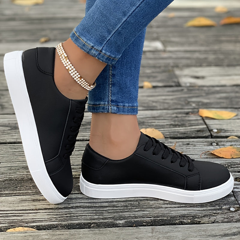 Faux Leather Flat Skate Shoes Lace Up Sneakers
