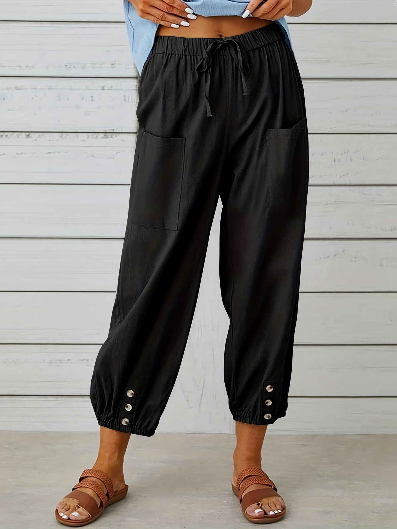 Cropped Pants Drawstring High Waist with Pockets