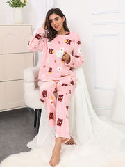 Bear & Floral & Stripe Print Pajamas Set Long Sleeve Round Neck Plush