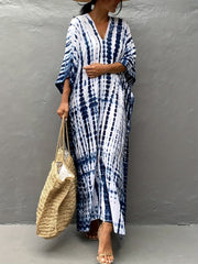 Boho Cover Up Tie Dye Striped Batwing Sleeve V Neck Dress