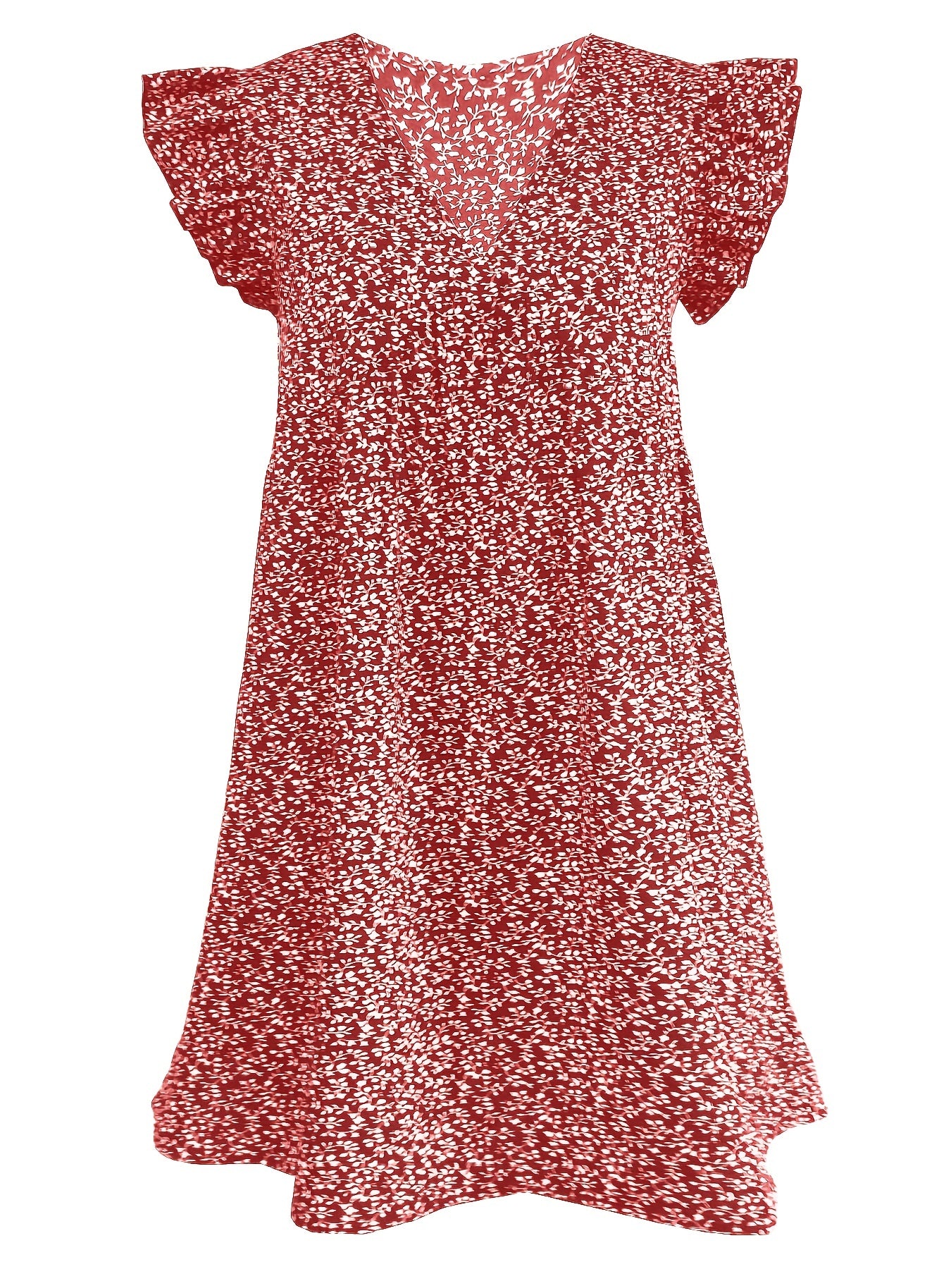 Ditsy Print Ruffle Sleeve V Neck Dress