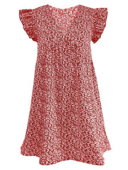 Ditsy Print Ruffle Sleeve V Neck Dress