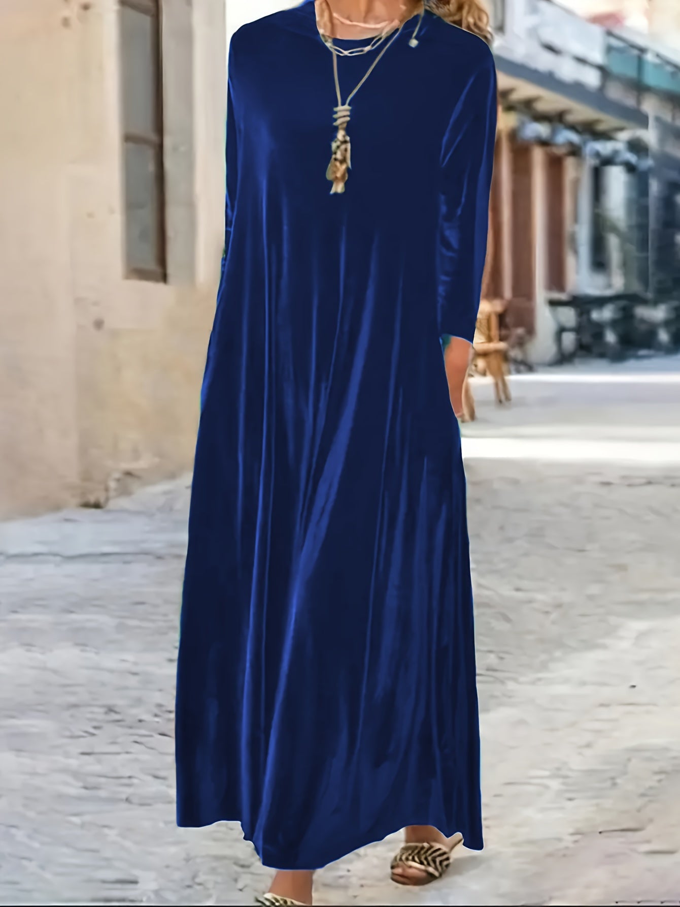Solid Velvet Long Sleeve Maxi Dress With Pockets