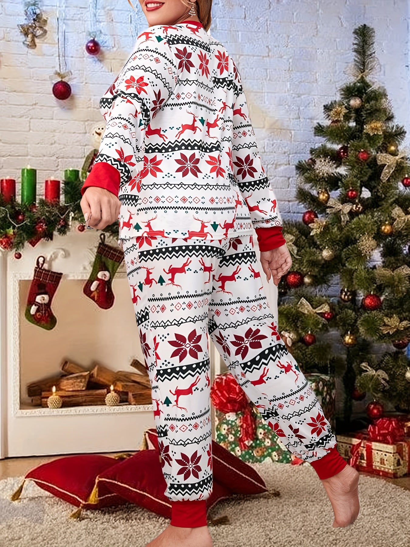 Women's Plus Elk Print Tee & Joggers Set - Christmas Casual Loungewear
