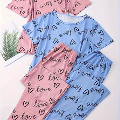 Heart Print Pajama Set Short Sleeve Crew Neck Top & Elastic Waistband Pants