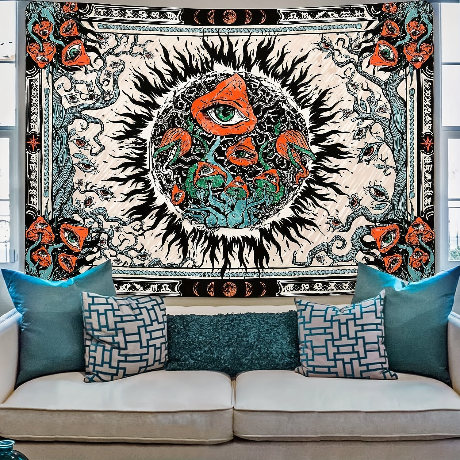 Mushroom Burning Sun Moon Phase Tapestry Wall Hanging Room Decor