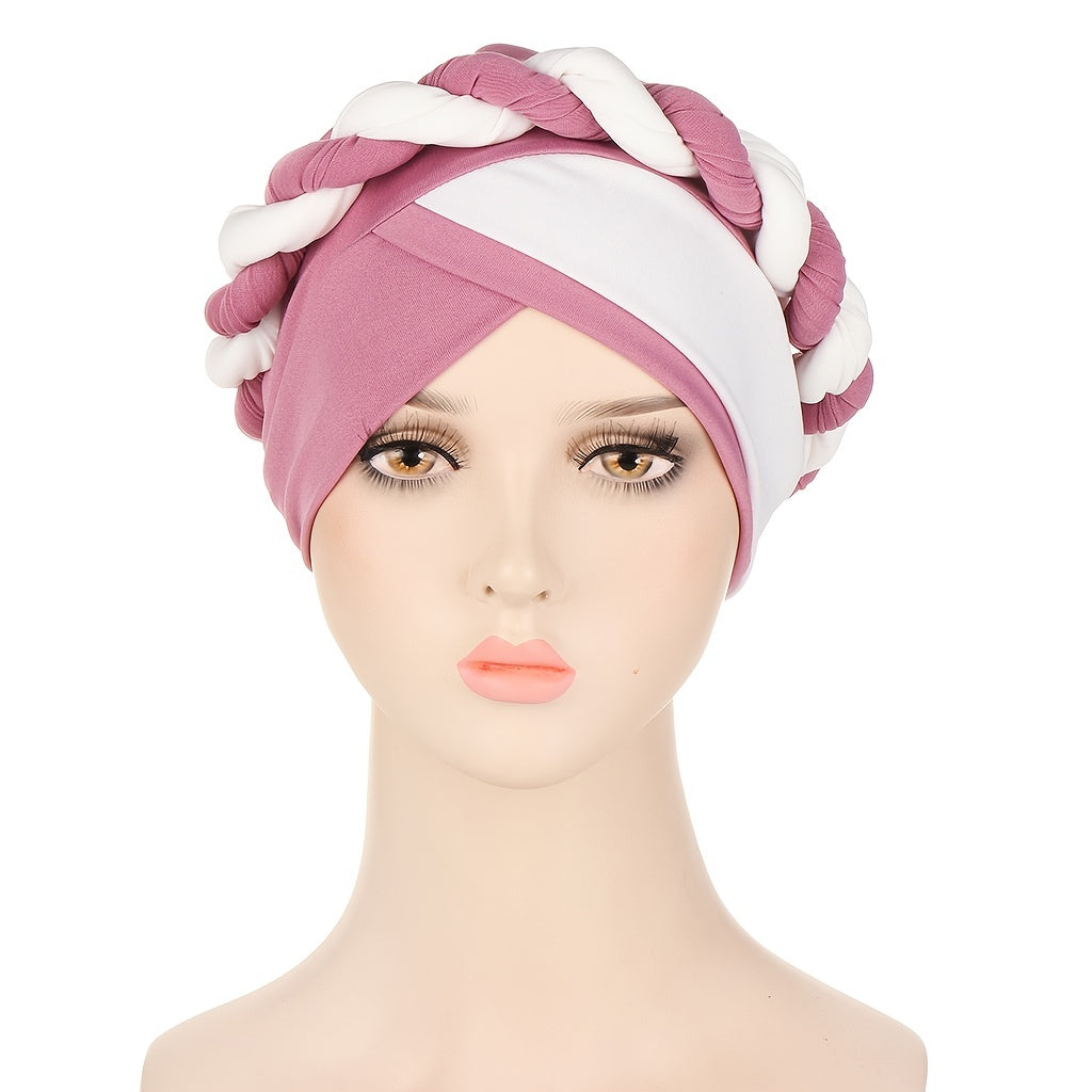 Two Tone Cable Braid Turban Cap Hat Hair Bonnet Head Scarf Wrap Cover