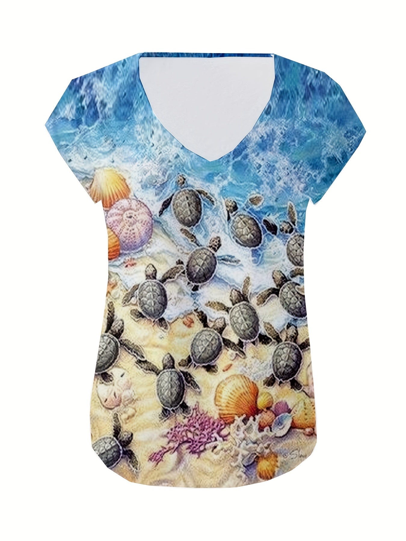 Turtle Print V neck Tank Top Cap Sleeve for Women