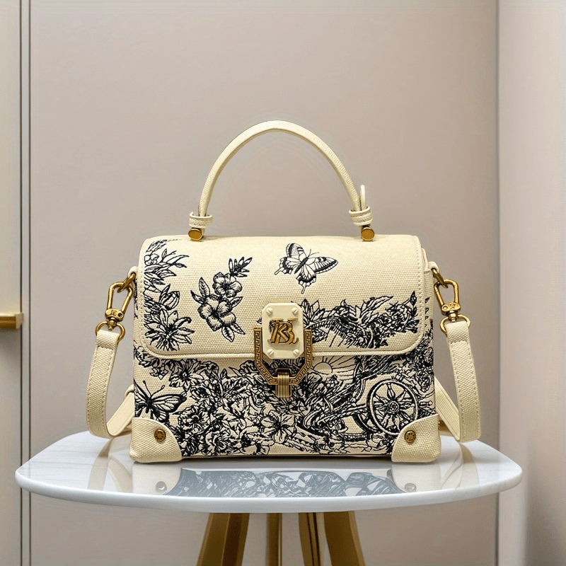 Floral Embroidered Crossbody Bag with Golden Hardware