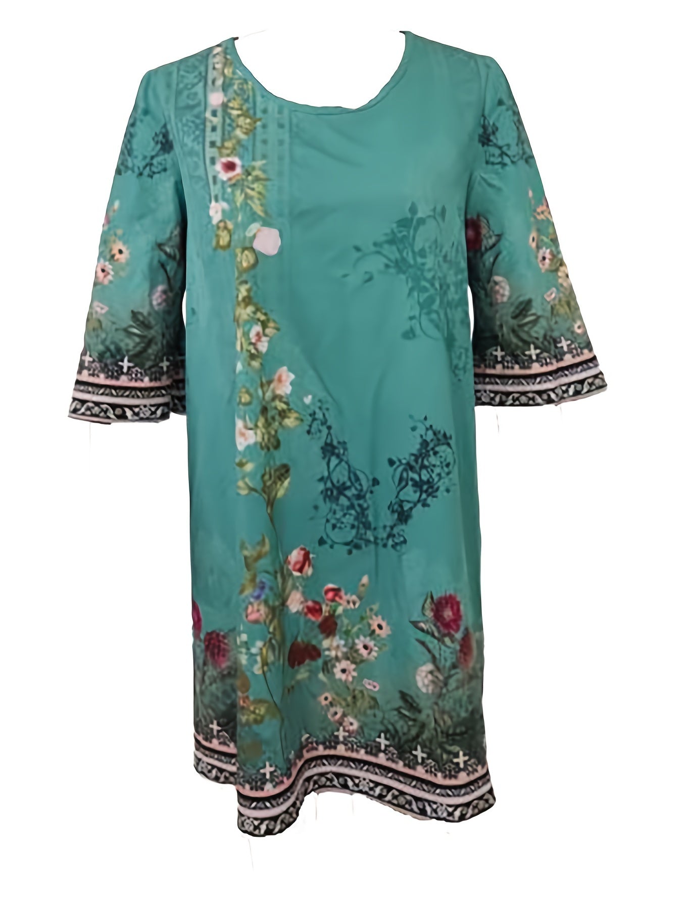 Floral Print Flared Sleeve Mini Dress Vintage Crew Neck Women's Clothing