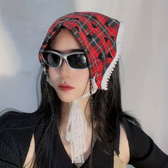 Vintage Lace Up Triangle Scarf Plaid Pattern British Style Headband