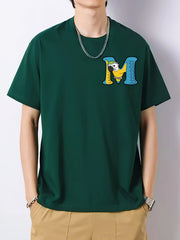 Letter & Parrot Print Men's Cotton Crew Neck T shirt