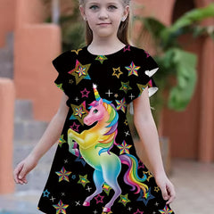 Girls Unicorn Print Flutter Sleeve Dress For Party Summer Kids Clothes