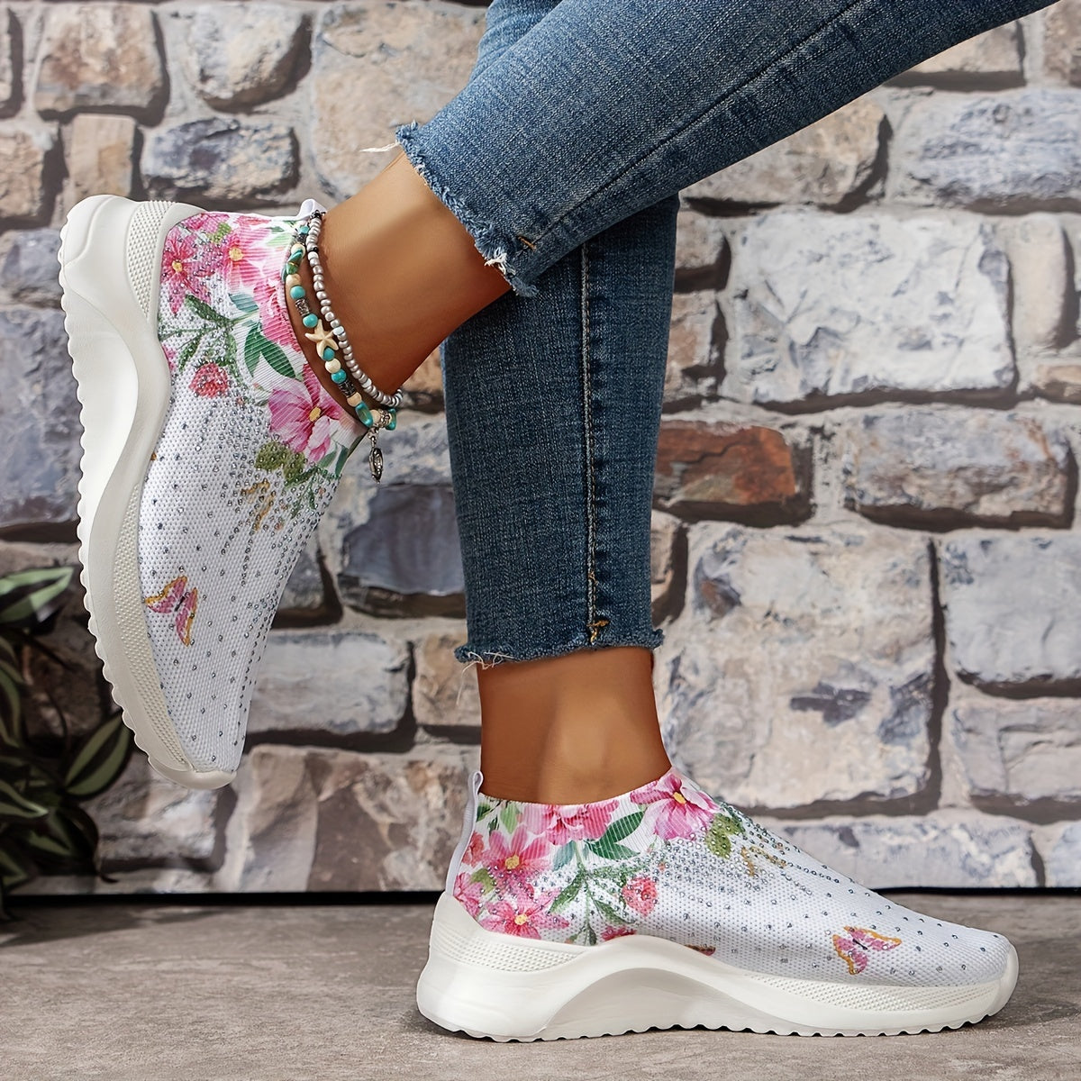 Rhinestone Platform Sneakers with Butterfly & Flower Pattern