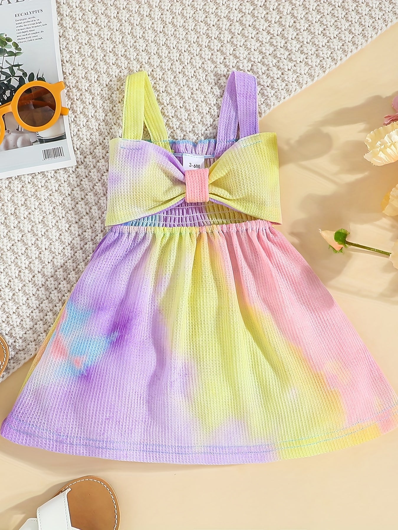 Baby Girls Tie Dye Bowknot Shirred Cami Dress for Summer