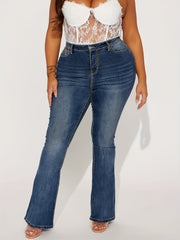 Plus Solid Button Up High Rise Flared Leg Jeans With Embroidered Pockets